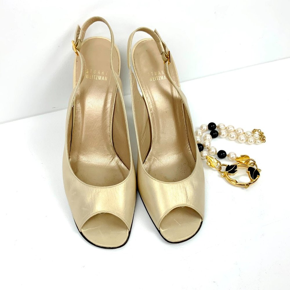 Stuart Weitzman Leather Metallic Gold Slingback Peep Toe Heels Sz 9 - Picture 2 of 16